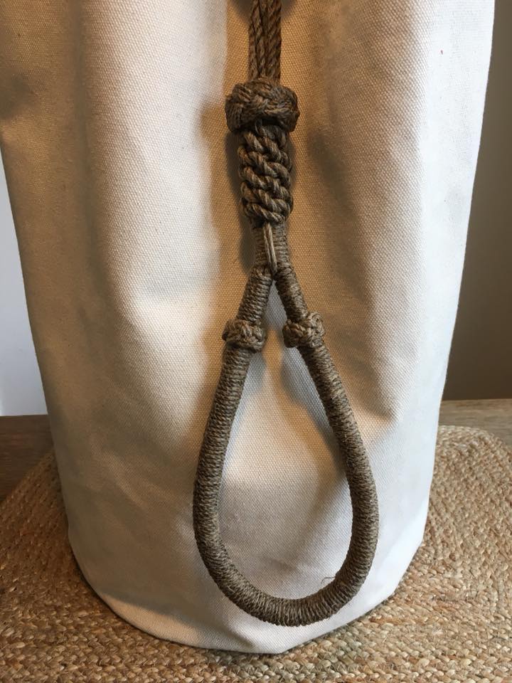 Traditional seabag -  cotton canvas with tarred rope and linen twine - h:55cm ∅30cm.