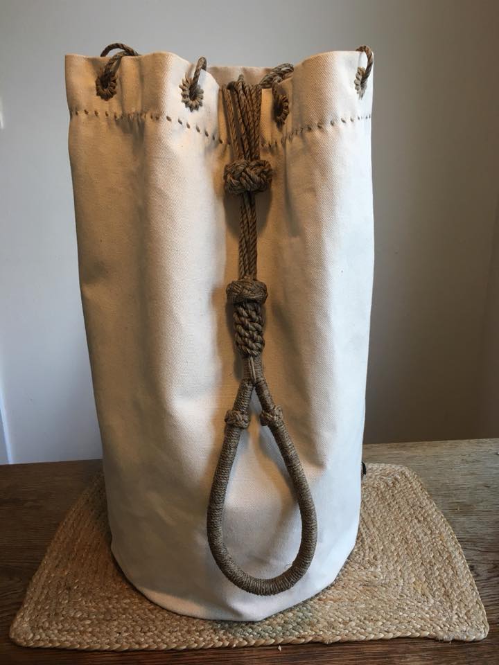 Traditional seabag -  cotton canvas with tarred rope and linen twine - h:55cm ∅30cm.